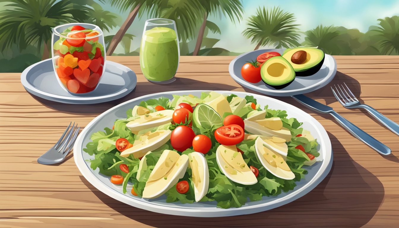 A plate of hearts of palm salad with tomatoes and avocado, served on a wooden table in a Texas restaurant