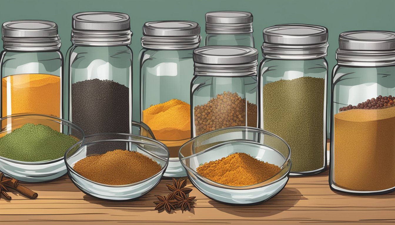 A kitchen counter with various spice jars and mixing bowls, showcasing the process of creating homemade spice blends