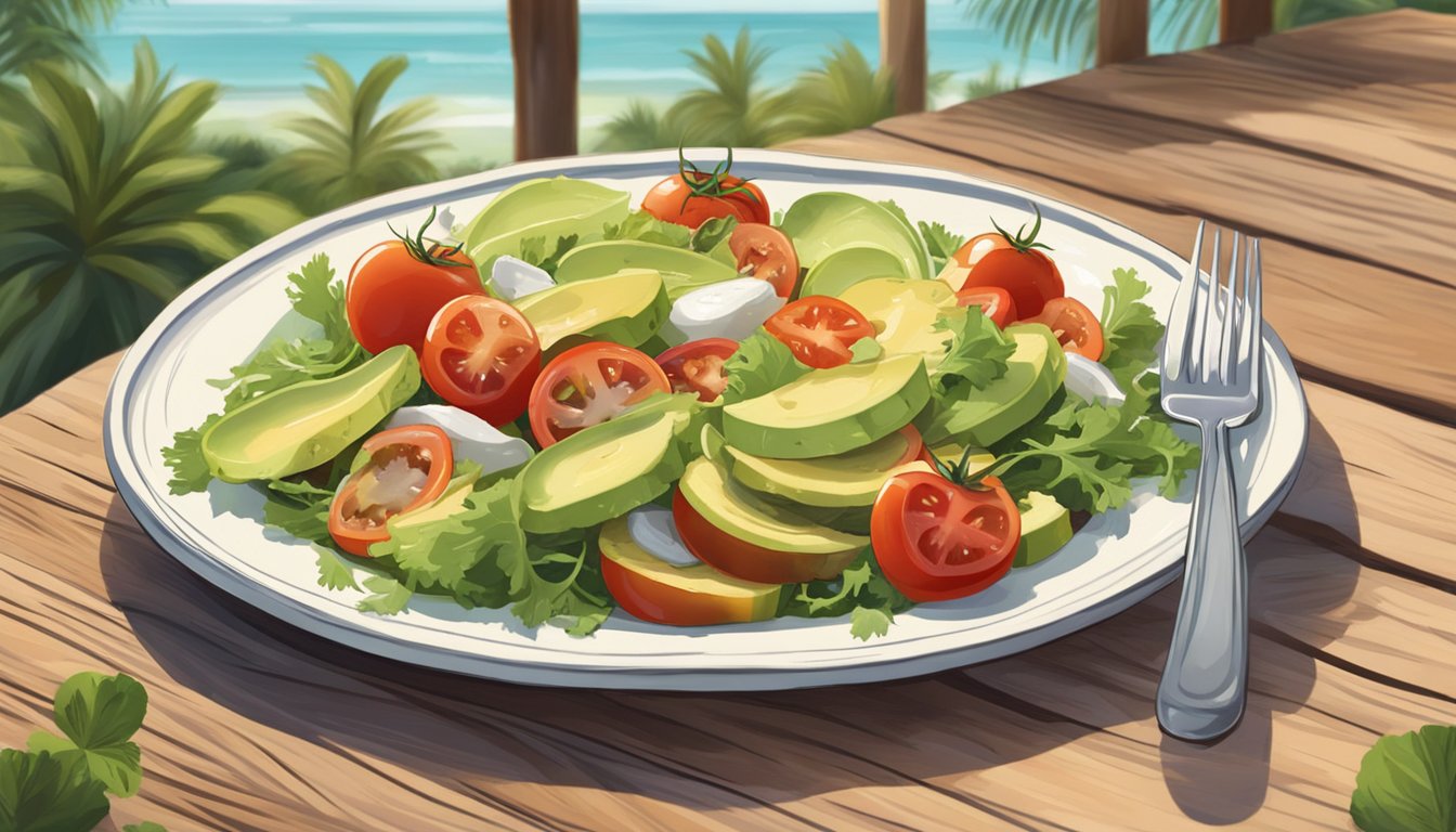 A plate of heart of palm salad with tomatoes, avocado, and a drizzle of vinaigrette, set on a rustic wooden table in a Texas backyard