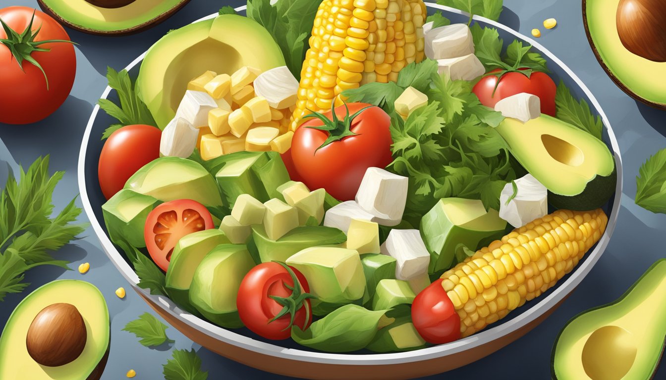 A colorful bowl filled with fresh heart of palm, surrounded by various Texan ingredients like avocado, tomatoes, and corn, ready to be enjoyed as a healthy salad