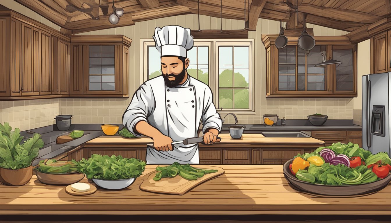 A rustic Texas kitchen with a chef slicing fresh heart of palm for a salad