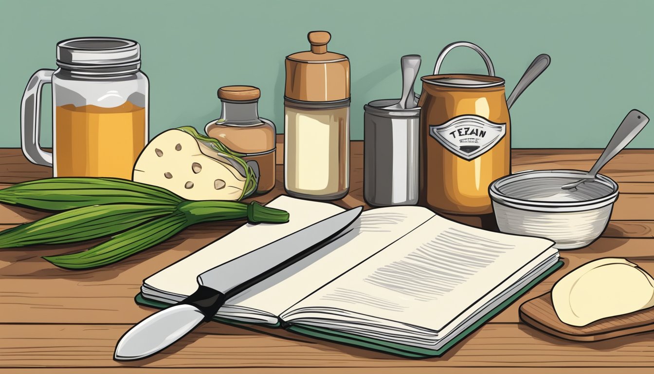 A Texan kitchen with a can of heart of palm, a cutting board, knife, and a recipe book open to a page on how to prepare and eat it