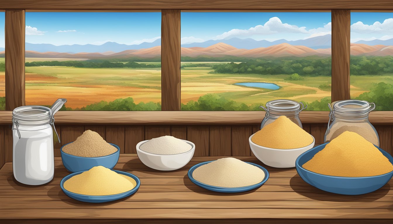 A variety of flours arranged on a rustic wooden table with Texas scenery in the background