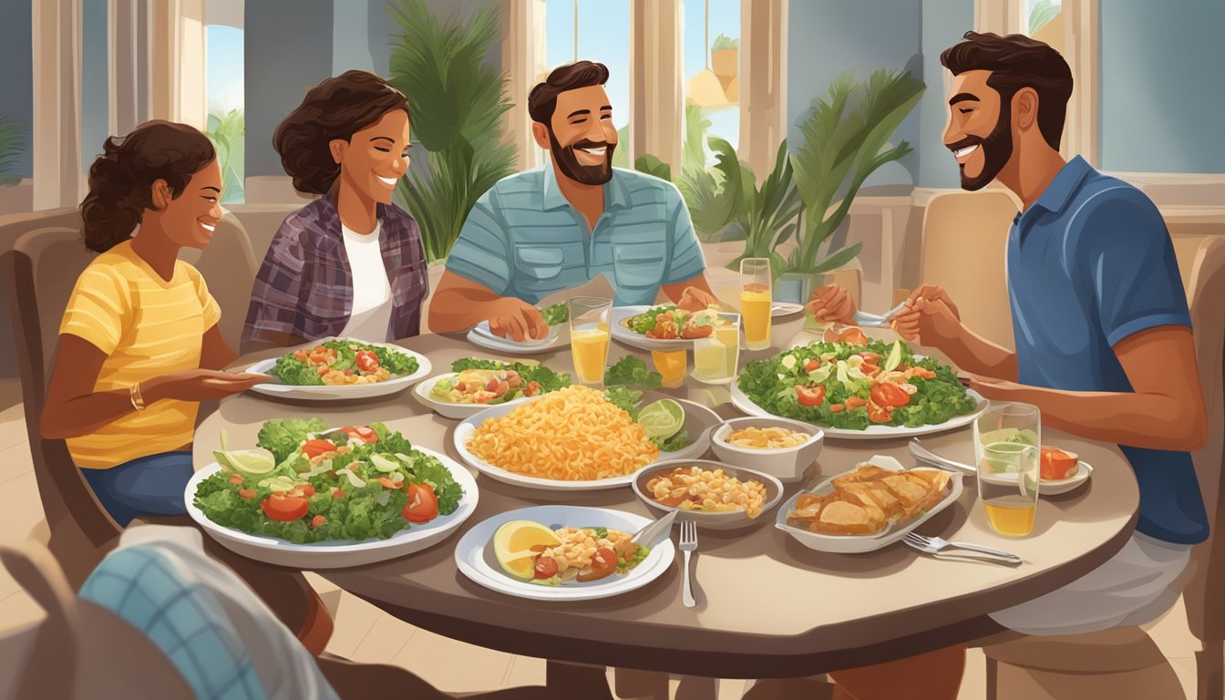 A table set with a plate of heart of palm salad and a Texan family enjoying a meal together