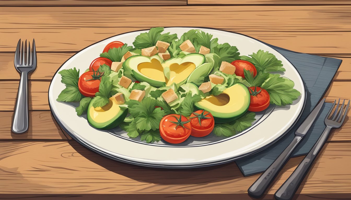 A plate of heart of palm salad with tomatoes and avocado, served on a rustic wooden table in a Texas restaurant