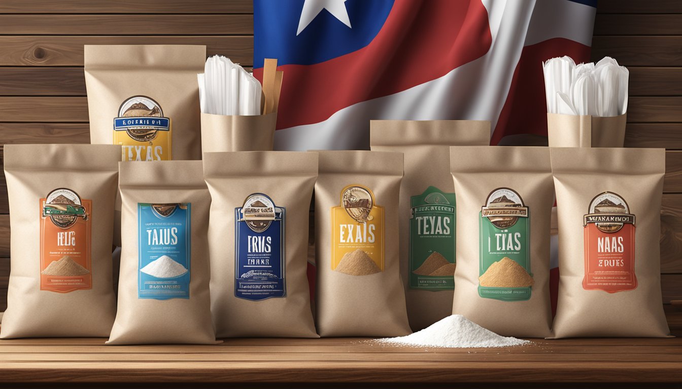 A variety of flour bags arranged on a wooden table with Texas-themed decor in the background