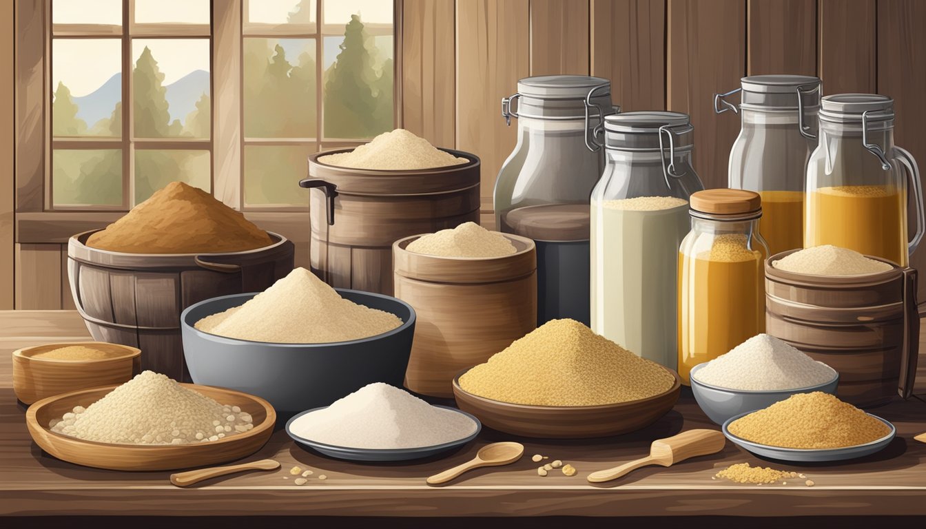 A collection of various specialty flours arranged in a rustic kitchen setting, with accompanying ingredients and utensils for baking and cooking