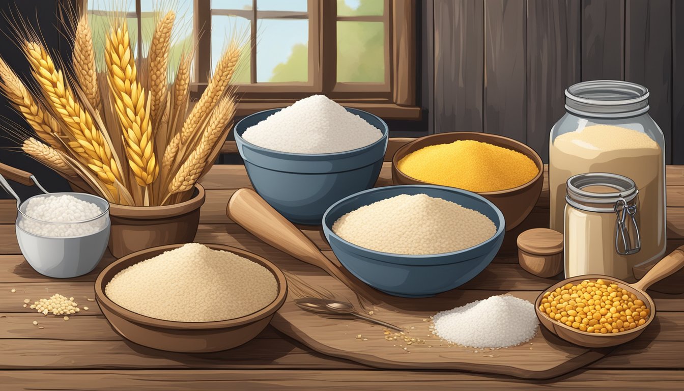 A variety of flours, including wheat, corn, and rice, displayed on a rustic wooden table with baking tools and ingredients in the background