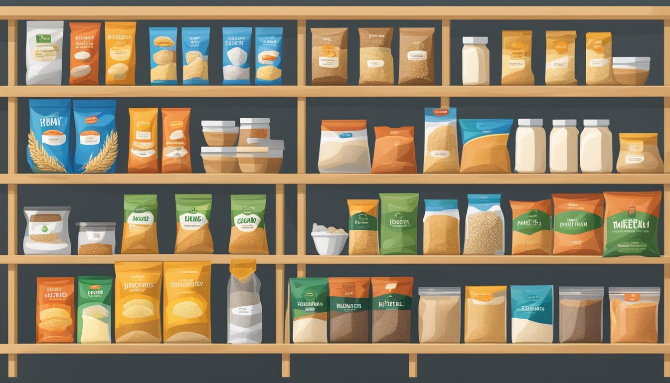 A display of various flours from around the world, including wheat, corn, and rice, arranged on shelves with price tags