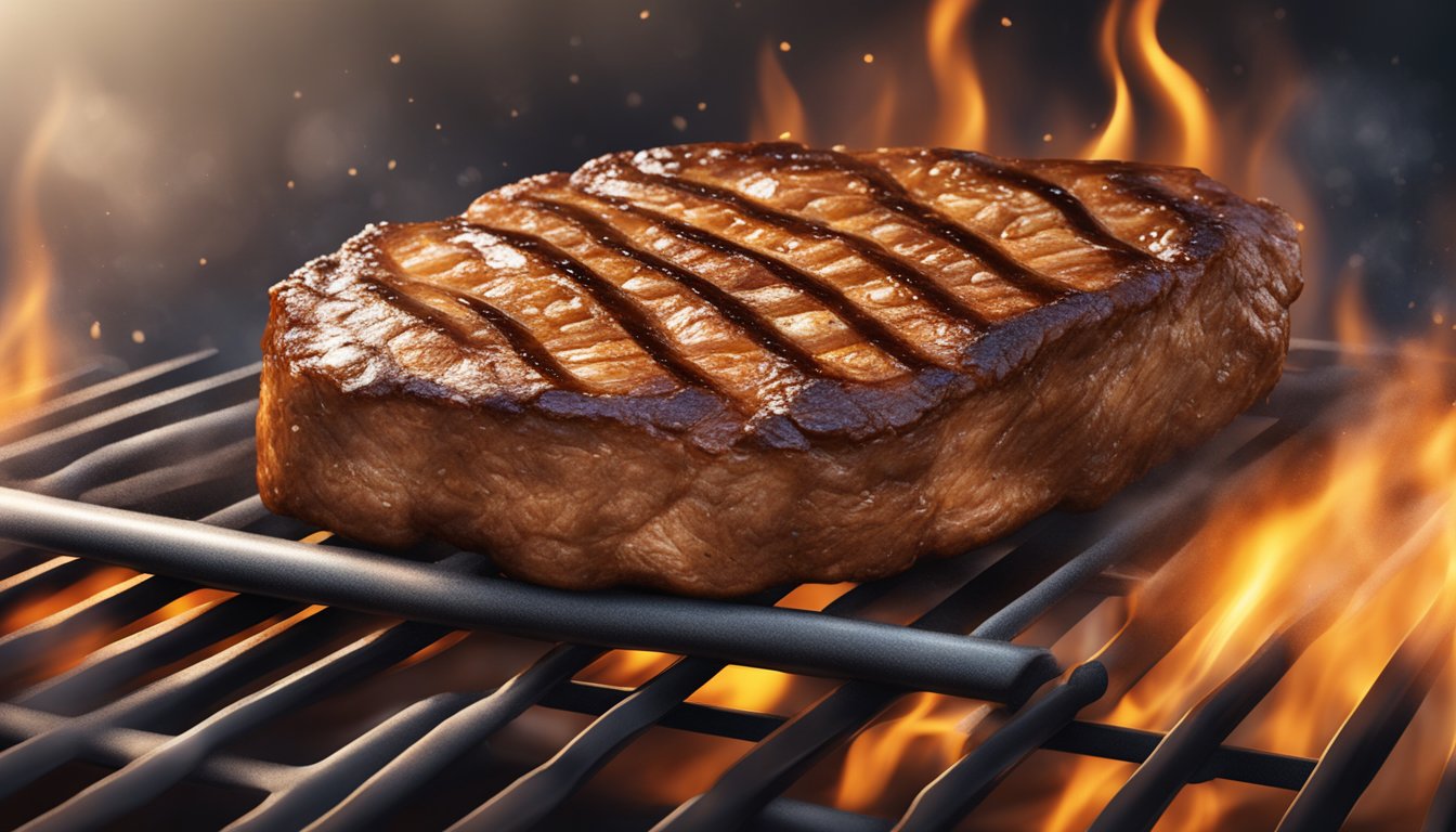 A sizzling steak on a hot grill, emitting a tantalizing aroma, with caramelized brown crust forming as the Maillard reaction takes place