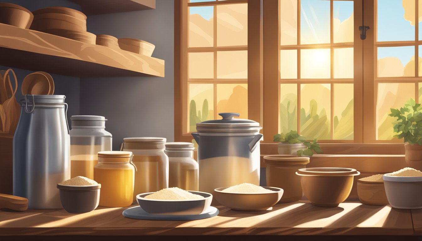 A rustic Texas kitchen with shelves of various flours, a rolling pin, and a mixing bowl on a wooden table. Sunlight streams in through a window, casting warm shadows