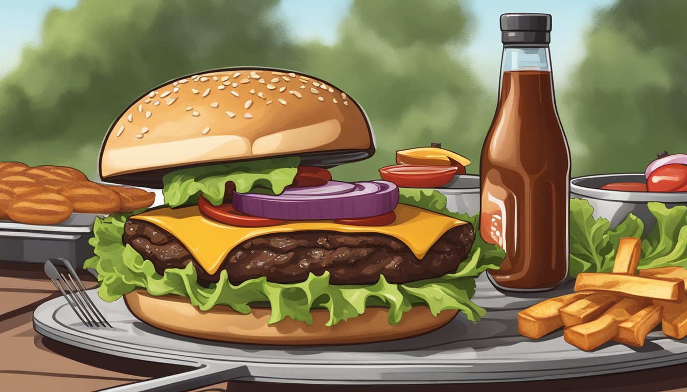 A sizzling burger patty on a grill, surrounded by fresh lettuce, tomato, onion, and a toasted bun, with a bottle of barbecue sauce nearby