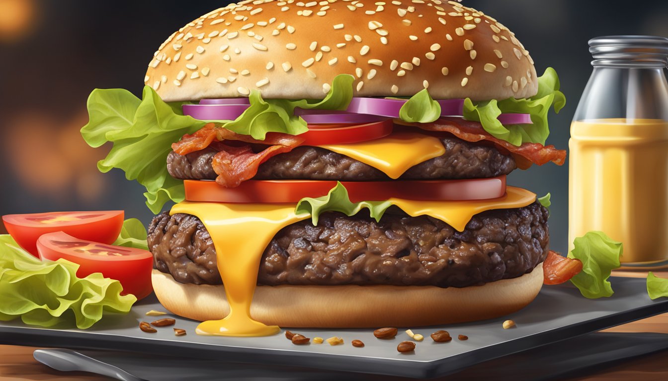 A sizzling gourmet burger being prepared on a grill with classic Texas ingredients like juicy beef patty, melted cheese, crispy bacon, and fresh lettuce and tomato