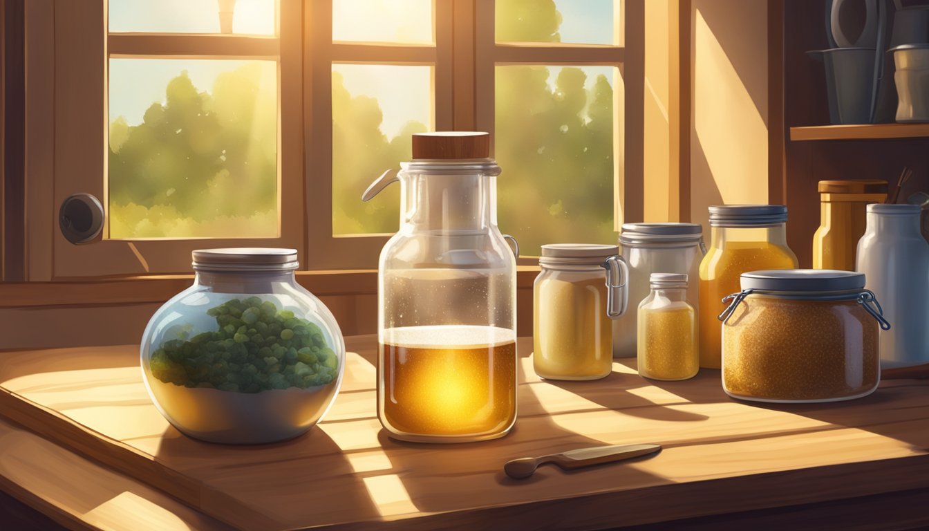 A bubbling flask of yeast sits atop a wooden table, surrounded by various ingredients and tools for fermentation. Sunlight streams through a nearby window, casting warm, golden light onto the scene