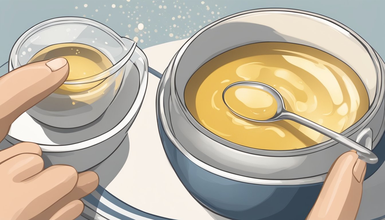 A hand pouring yeast into a bowl of warm water, stirring with a spoon