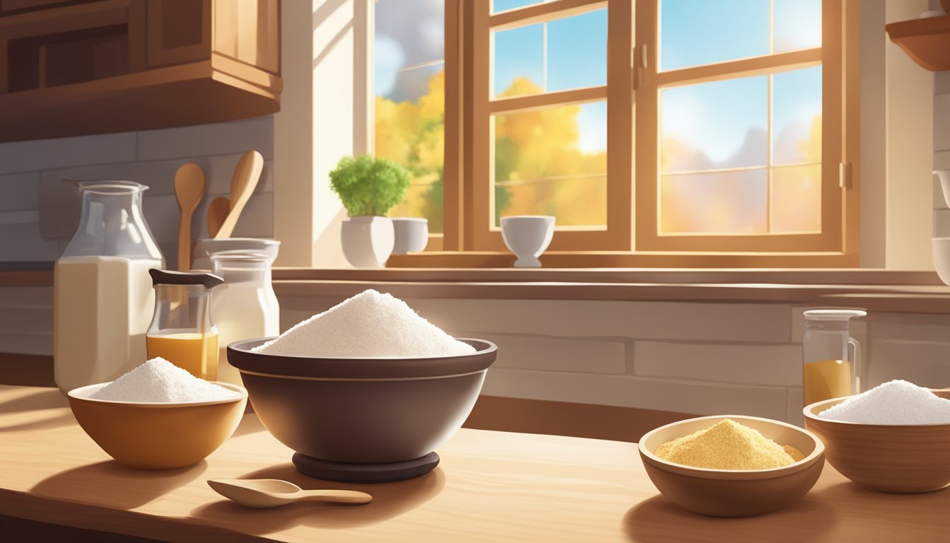 A kitchen counter with bowls of flour, yeast, and salt, a measuring cup, and a wooden spoon. A warm, sunny window illuminates the scene