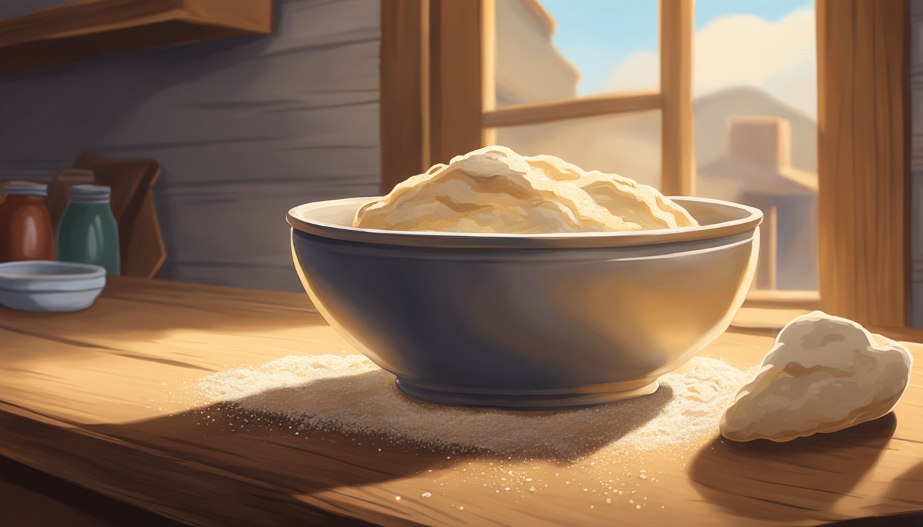 A lone bowl of dough sits on a rustic wooden table, surrounded by scattered flour and a jar of yeast. The warm Texas sunlight filters through the window, casting a soft glow on the scene