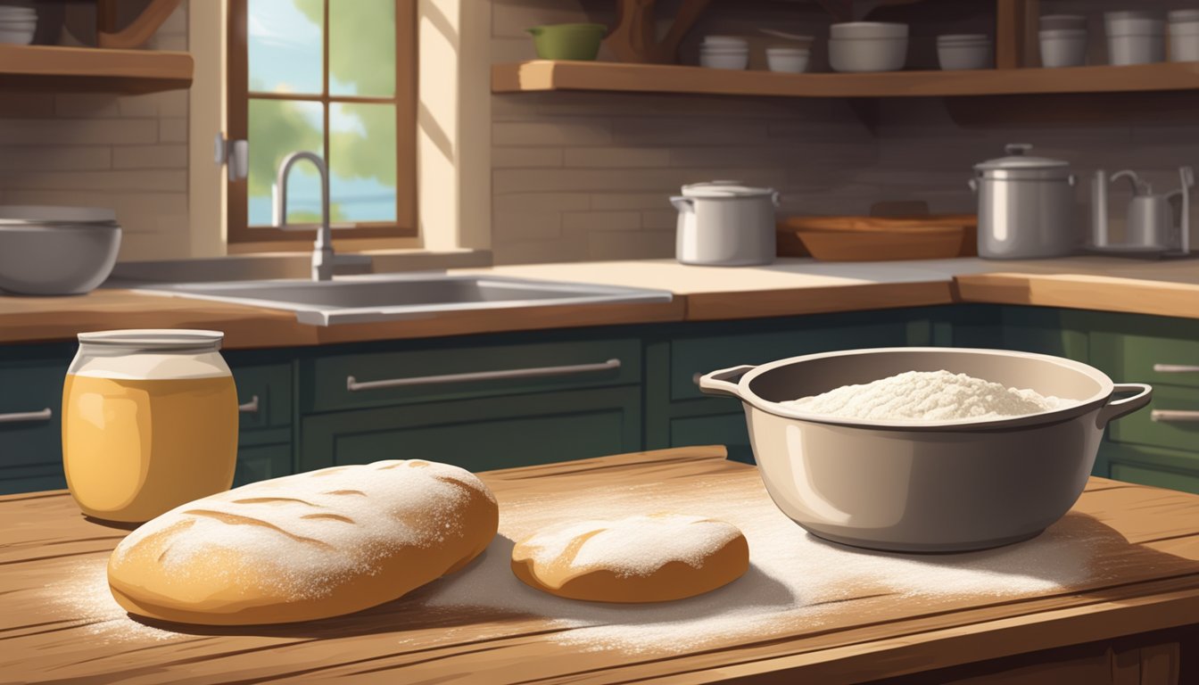 A rustic kitchen in Texas with a wooden table covered in flour, a rolling pin, and a bowl of rising yeast dough. A warm oven in the background