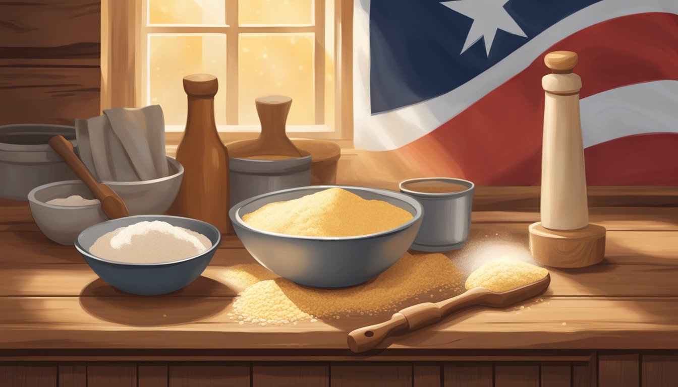 A rustic kitchen with a warm, golden glow. A bowl of flour, a packet of yeast, and a rolling pin sit on a wooden countertop. A Texas flag hangs on the wall