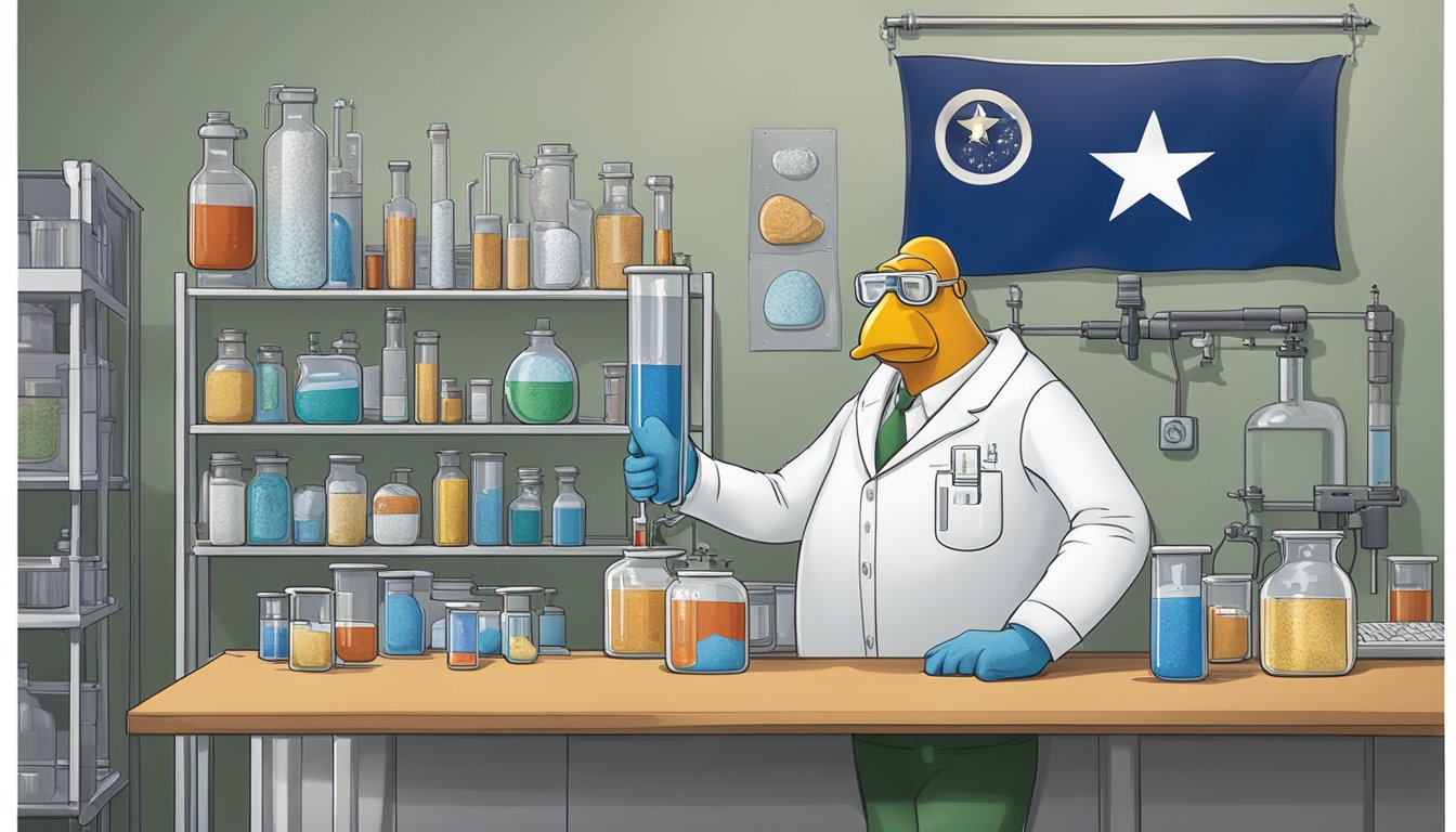 A bubbling beaker of yeast sits on a lab bench in Texas, surrounded by scientific equipment and a Texas flag hanging on the wall