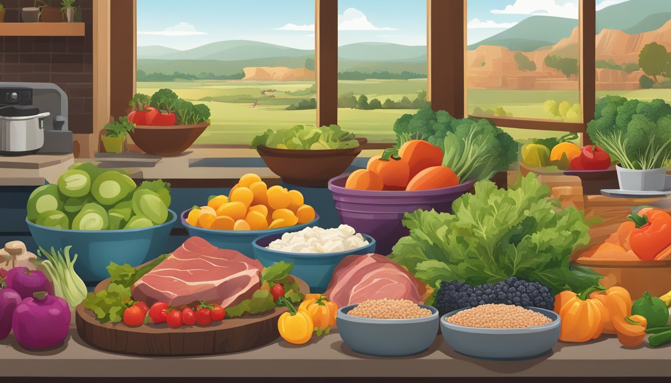 A colorful spread of fresh produce and lean meats, with a backdrop of Texan scenery and a focus on healthy cooking techniques