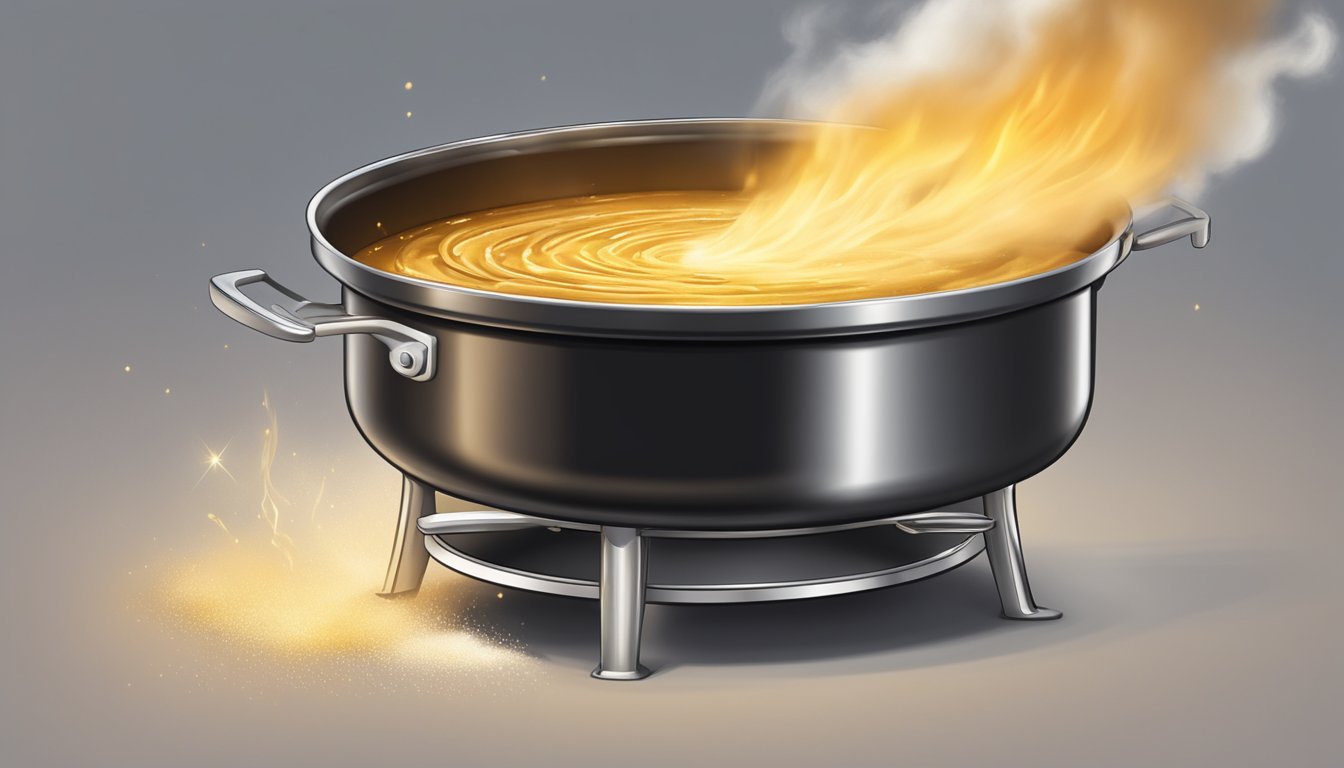 A large pot on a stove, filled with sizzling oil and flour being stirred in, emitting a rich, nutty aroma