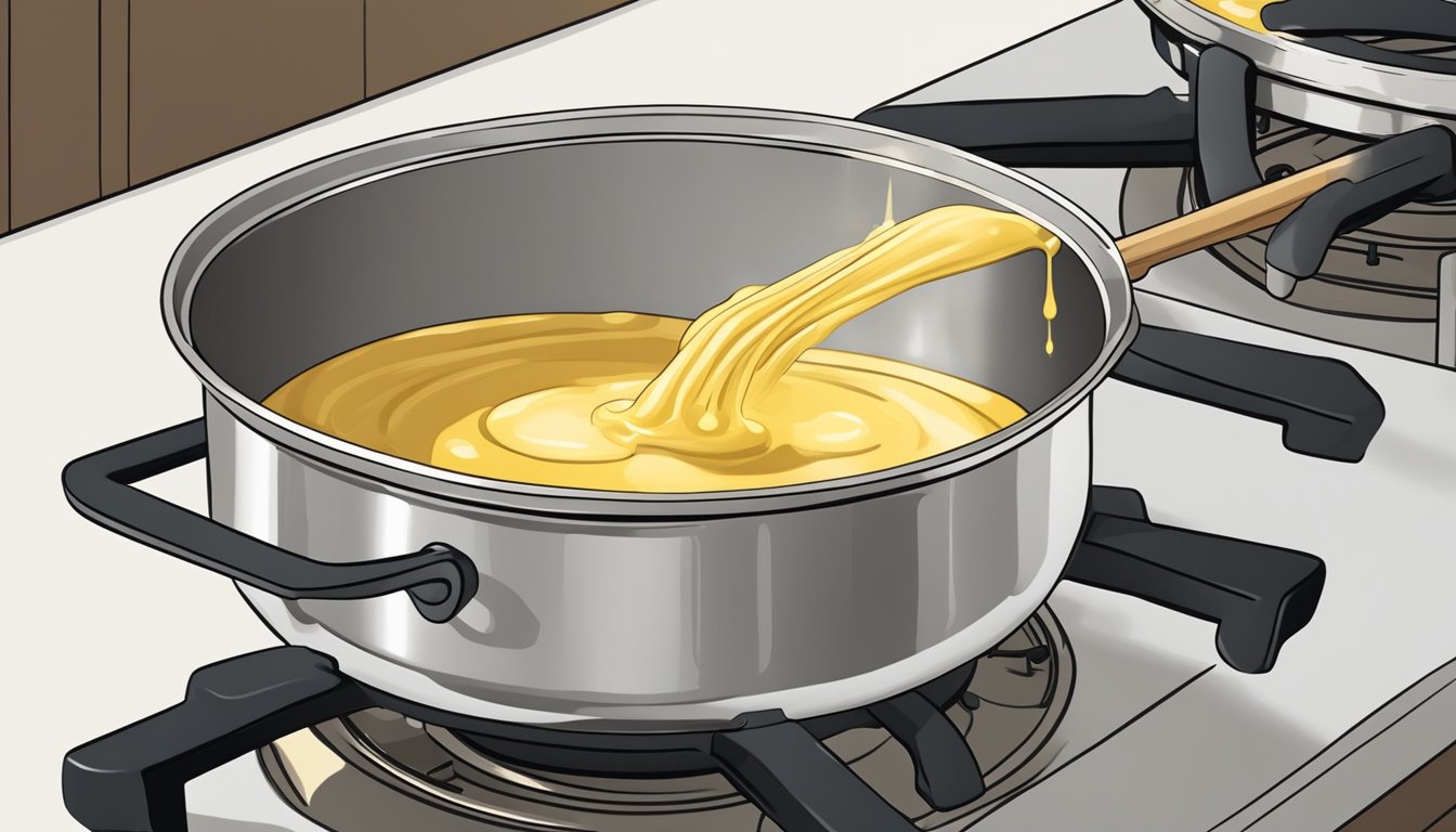 A pot on a stove with melted butter and flour being stirred in, creating a smooth, golden roux