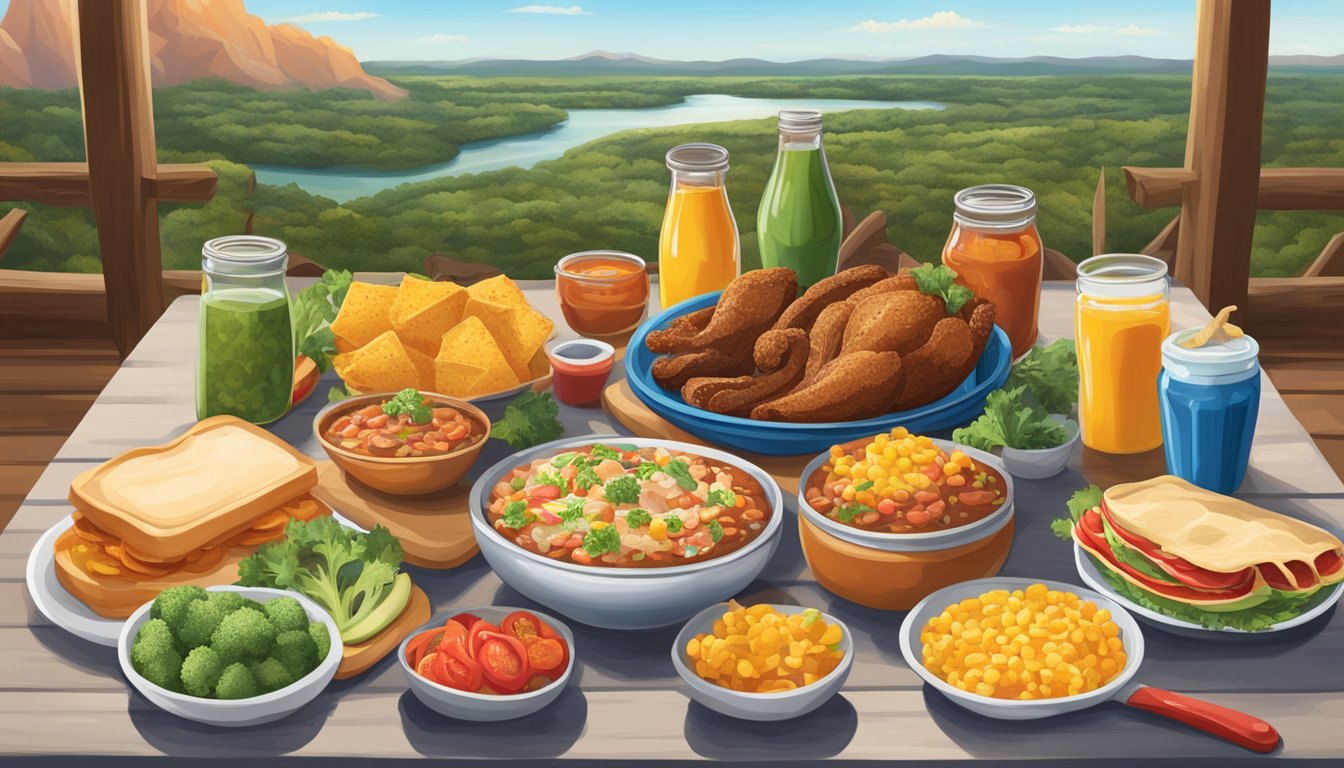 A table set with iconic Texan dishes, featuring colorful and nutritious ingredients, surrounded by a backdrop of the Texas landscape