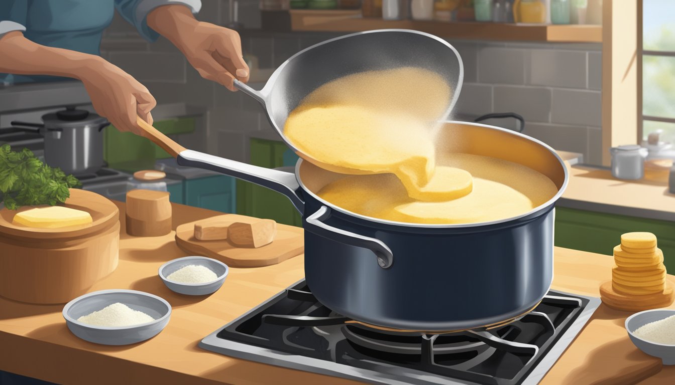 A large pot on a stovetop, filled with sizzling butter and flour, being stirred with a wooden spoon by a chef in a Texas kitchen