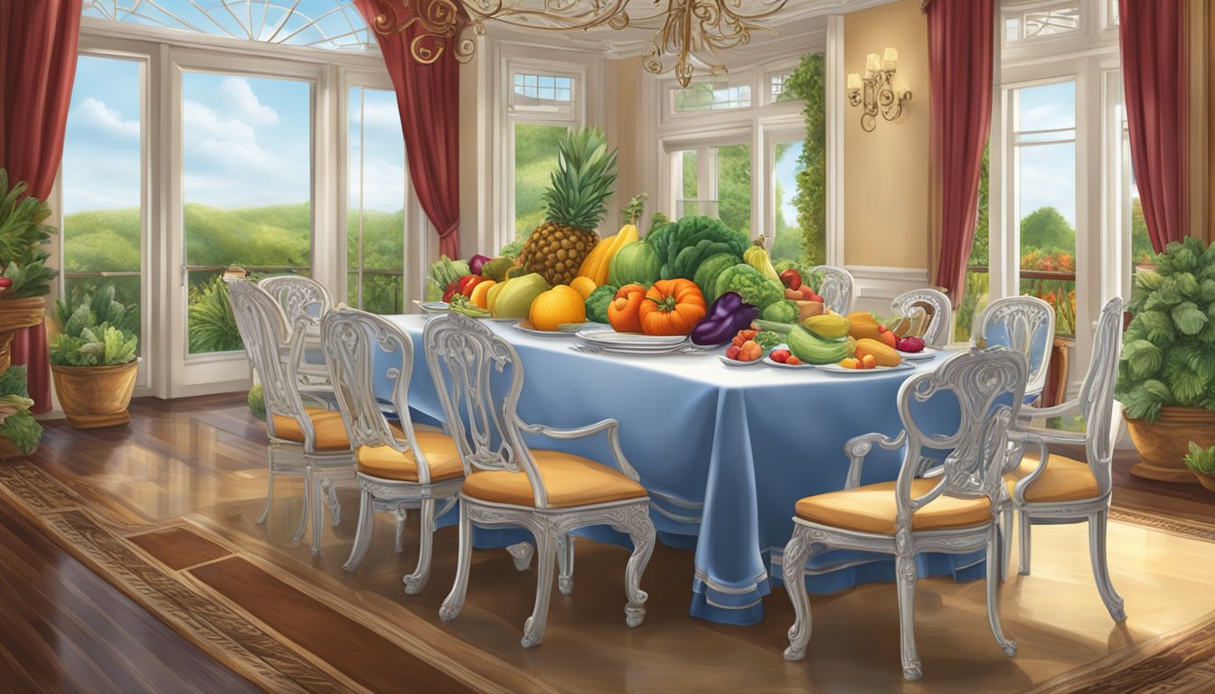 A grand dining table set with vibrant, fresh fruits and vegetables, surrounded by elegant, ornate chairs in a Texas setting