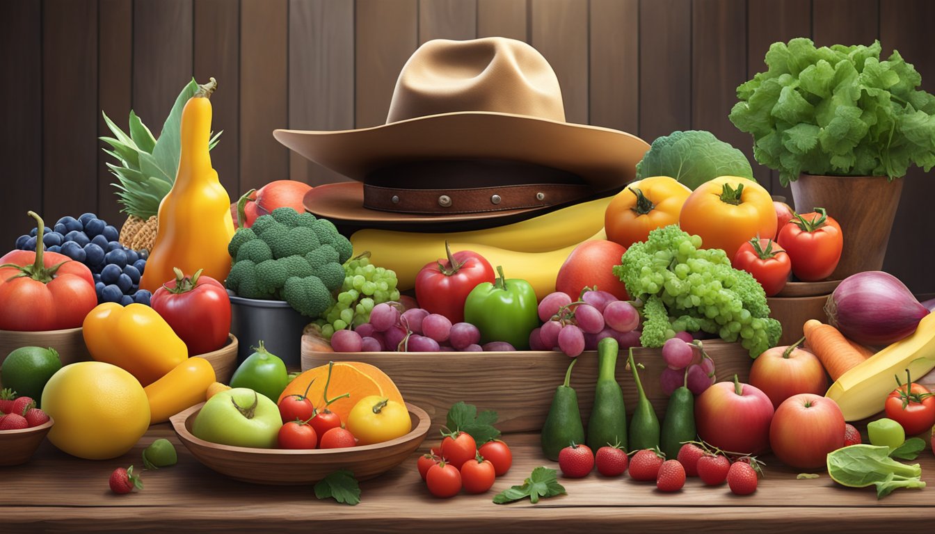 A colorful spread of fresh fruits, vegetables, and lean meats arranged on a rustic wooden table, with a cowboy hat and boots in the background