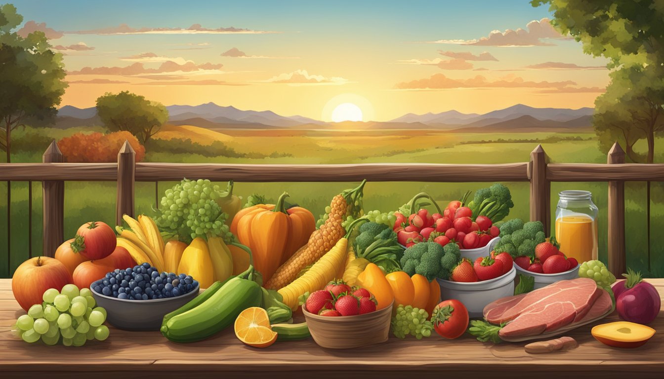 A colorful spread of fresh fruits, vegetables, and lean meats arranged on a rustic wooden table, with the Texas landscape in the background