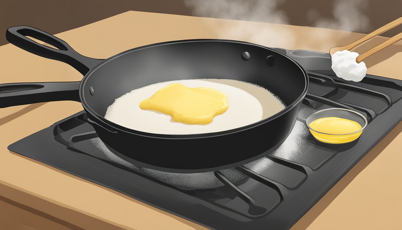 A cast iron skillet on a stove, with melted butter and flour being mixed together to create a roux, with a wooden spoon