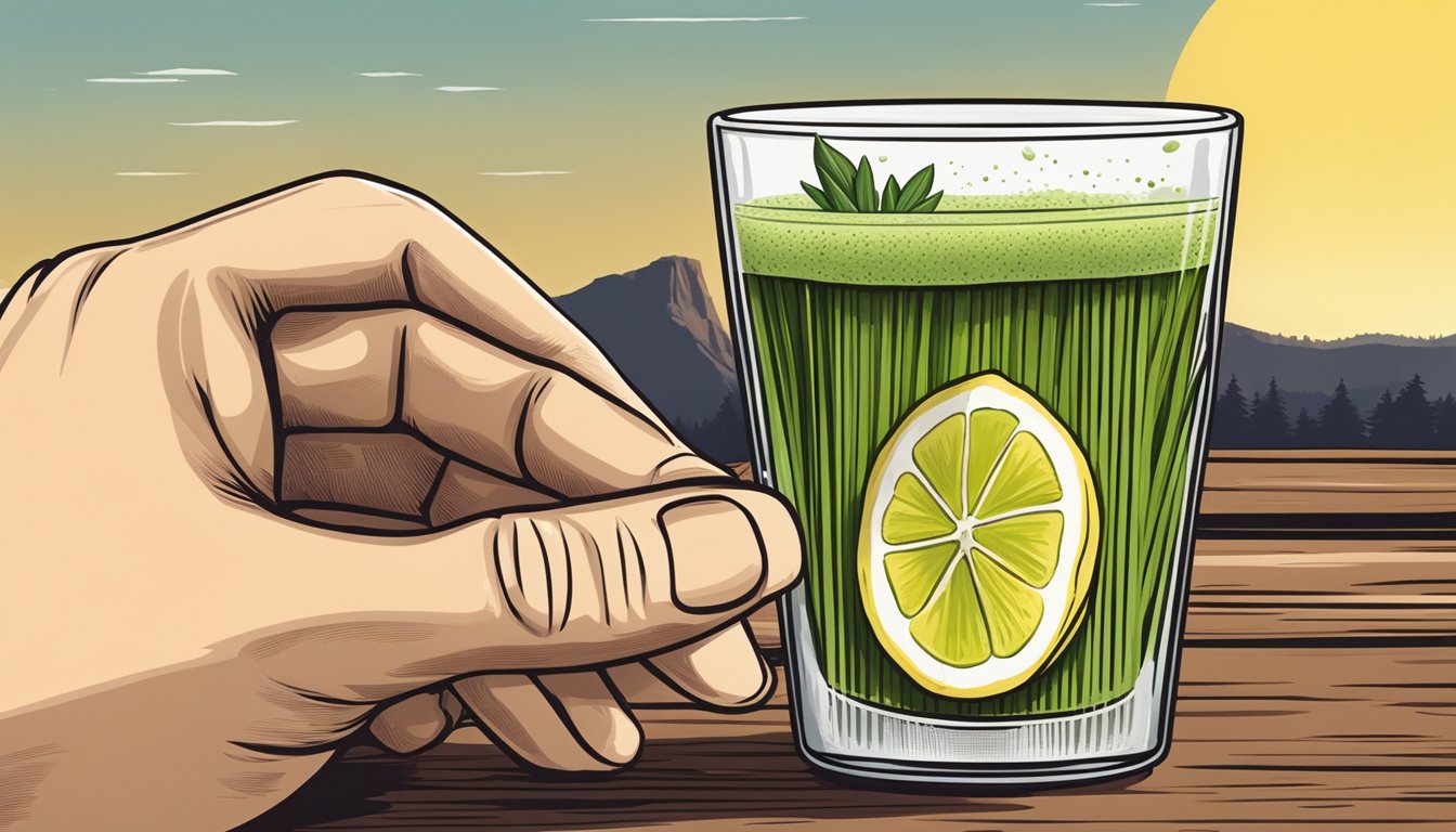 A hand holding a wheatgrass shot glass with a slice of lemon on the rim, set against a rustic Texas backdrop