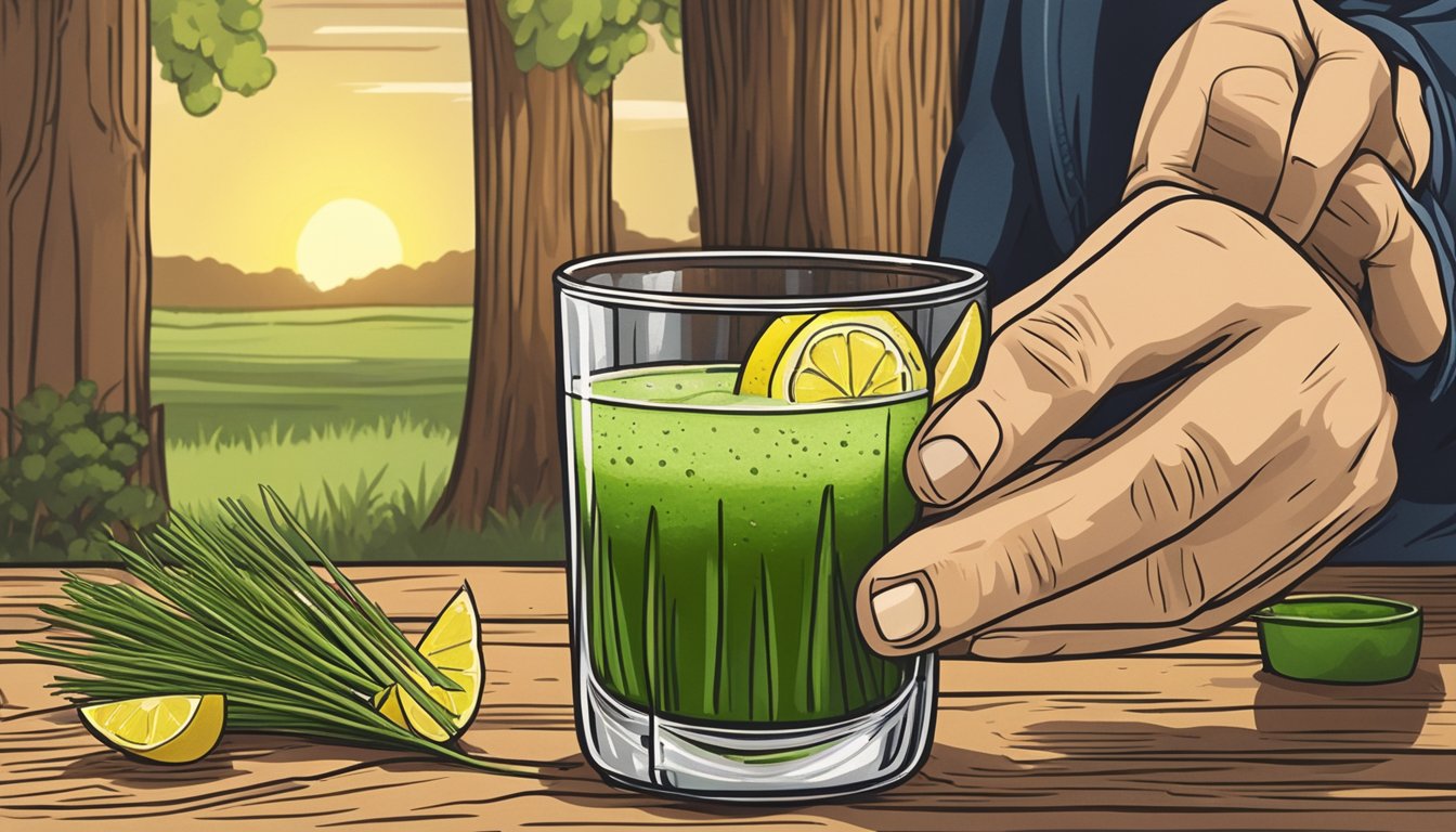 A hand holding a wheatgrass shot glass, with a slice of lemon on the rim, against a backdrop of a rustic Texas setting