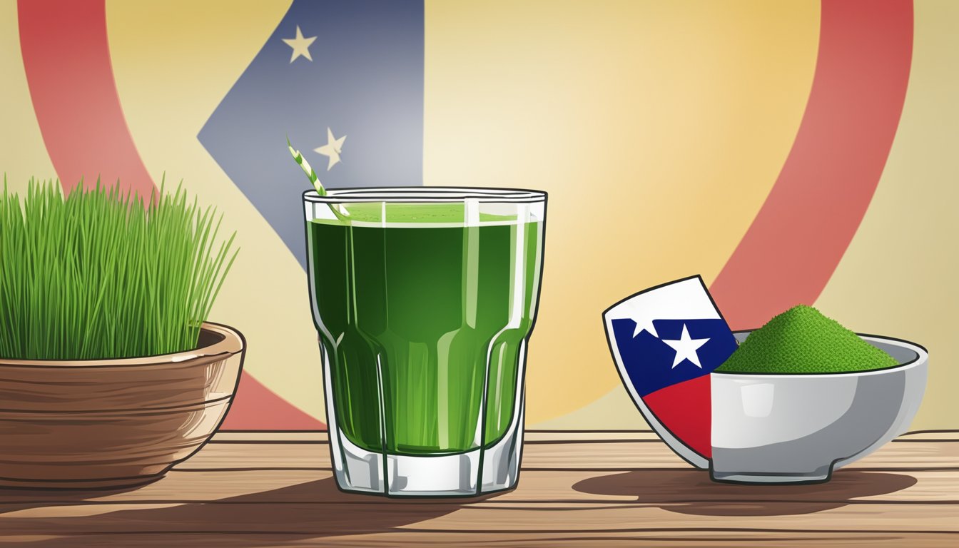 A glass of wheatgrass shot next to a bowl of wheatgrass with a Texas flag in the background