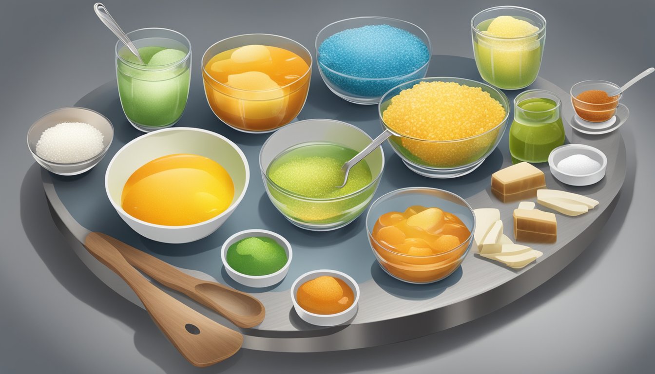 A variety of gelatin types displayed on a kitchen counter, with ingredients and utensils nearby for culinary use in Texas