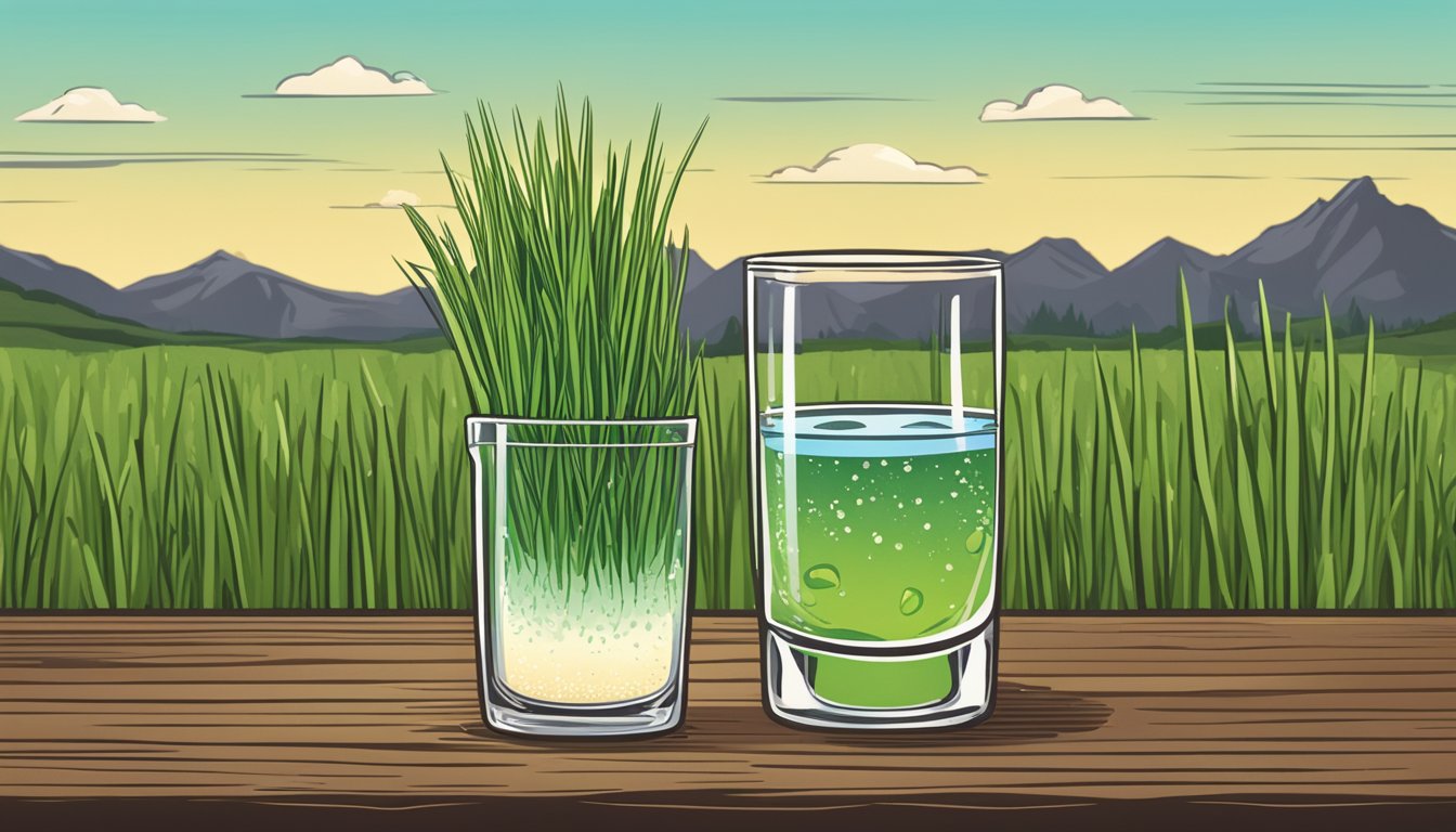 A hand holding a wheatgrass shot glass, with a bowl of wheatgrass dunked in water, set against a Texas backdrop