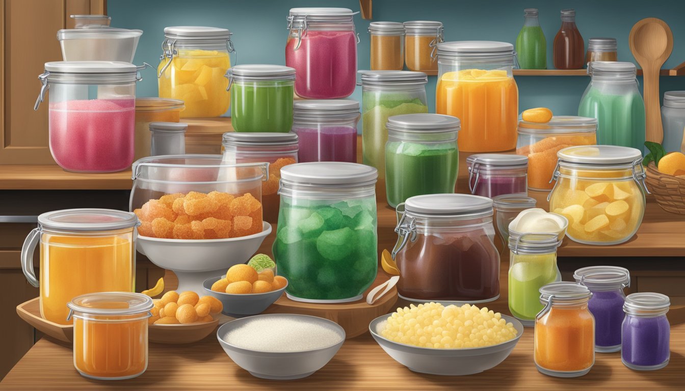 A variety of gelatin products displayed with different food items and recipe ingredients in a Texas kitchen