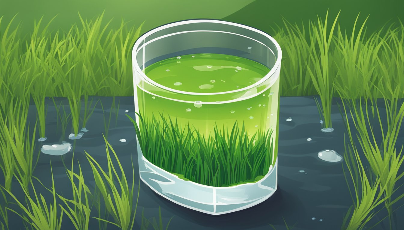 A lone wheatgrass shot glass dunked into a Texas-shaped pool of water