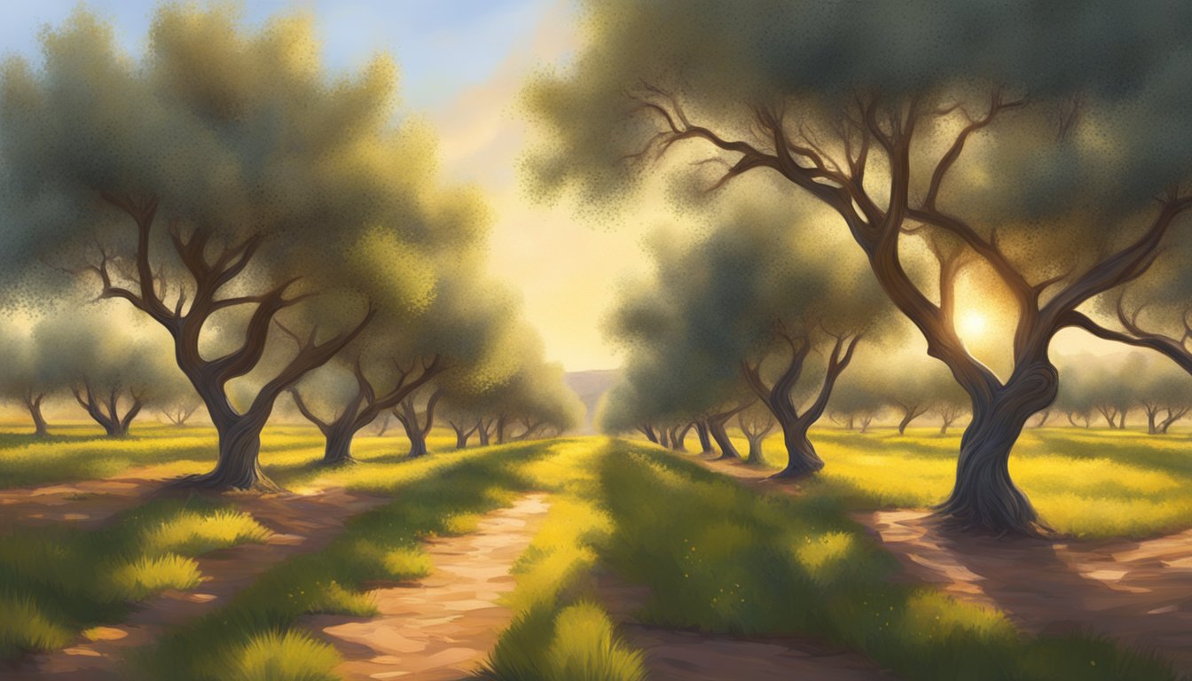 A lush Texas olive grove, bathed in golden sunlight, with rows of healthy olive trees and a peaceful, serene atmosphere