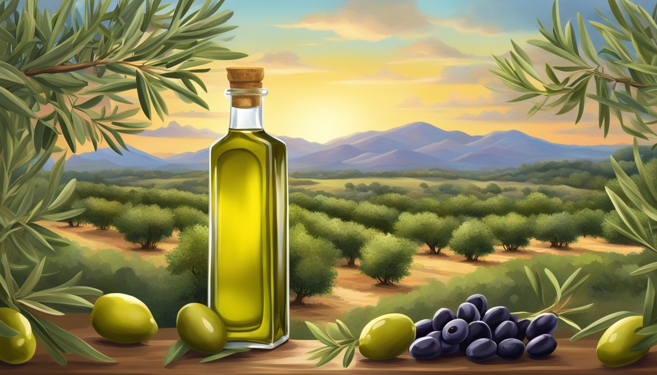 A bottle of olive oil surrounded by fresh olives, olive branches, and a vibrant landscape of Texas, conveying the goodness and health benefits of the product