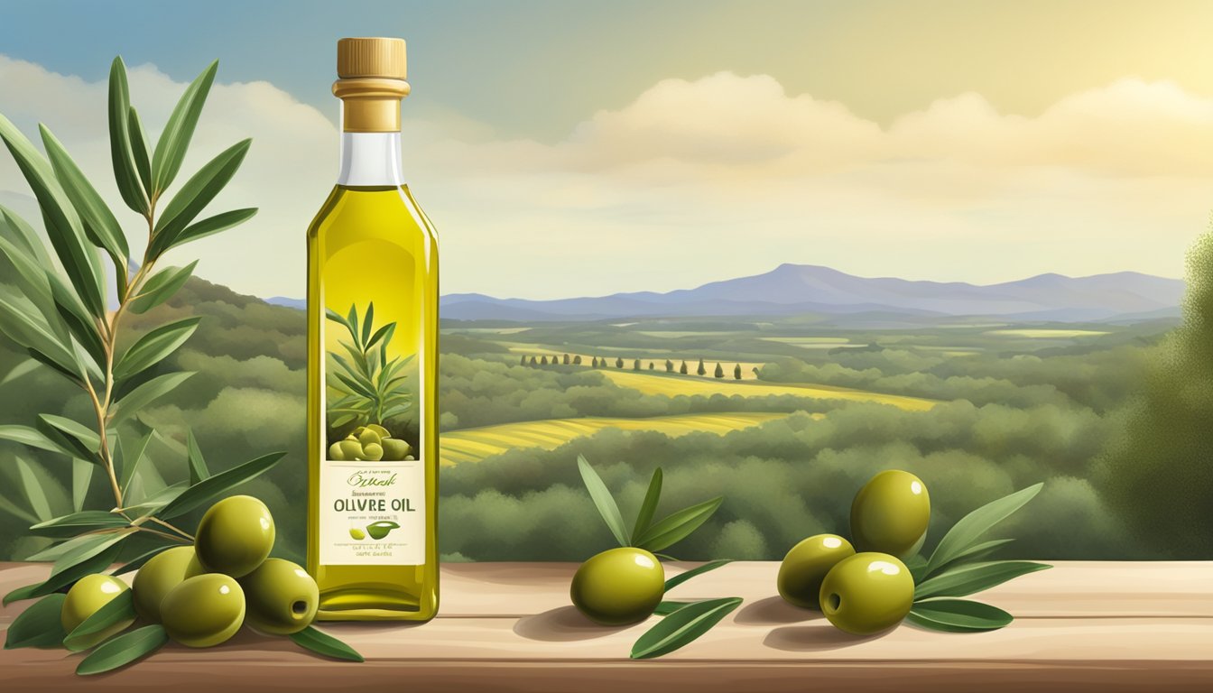 A bottle of olive oil surrounded by fresh olives and green leaves, with a backdrop of the Texas landscape