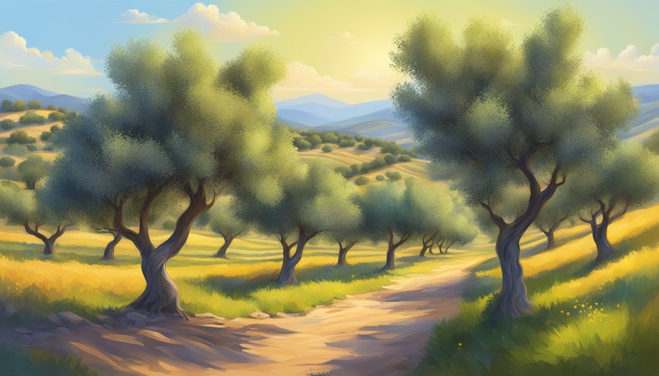 A lush olive grove in the rolling hills of Texas, with healthy, vibrant olive trees basking in the warm sunlight