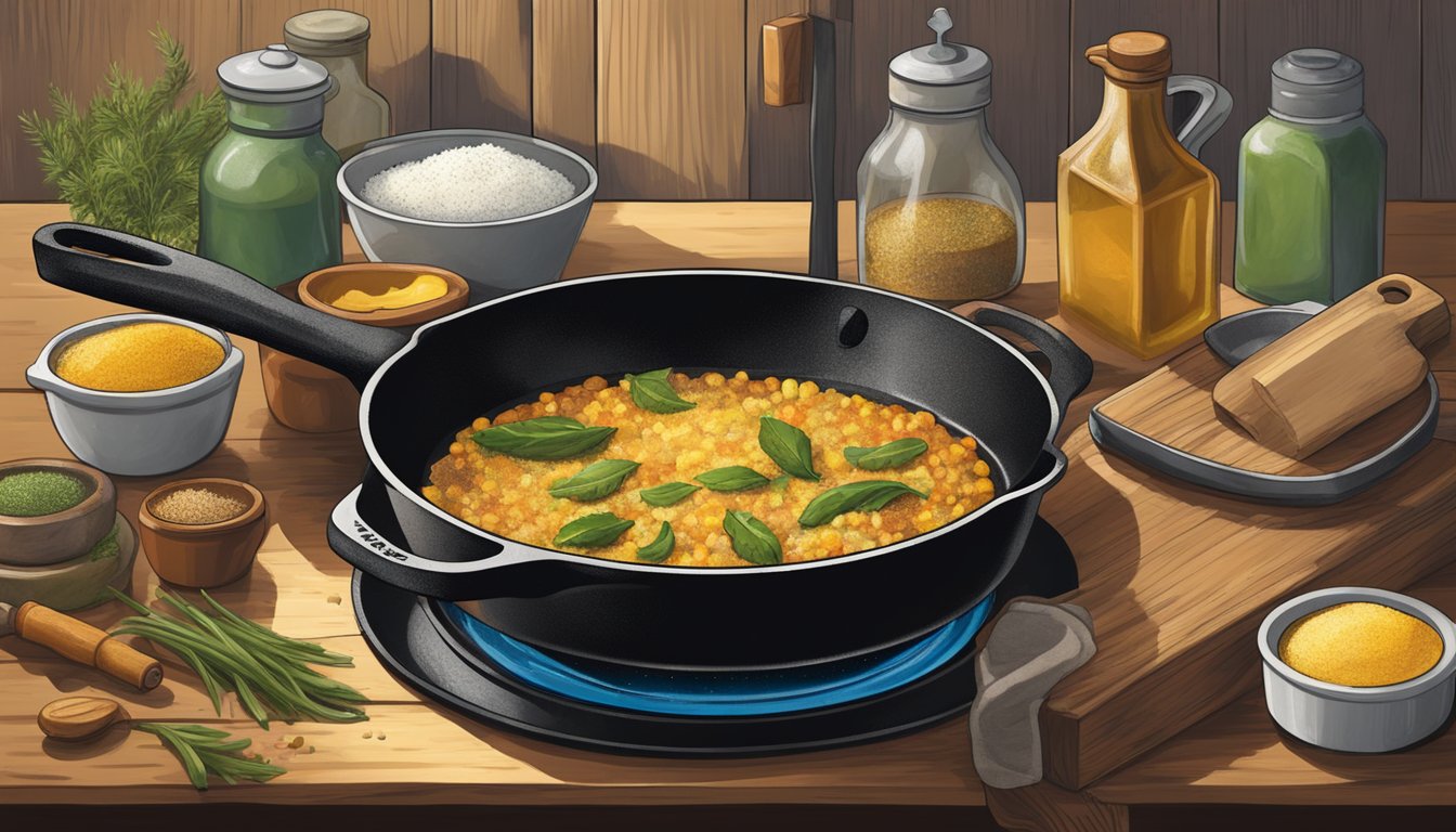 A cast iron skillet sizzling on a stovetop in a rustic Texas kitchen, surrounded by various seasonings and oils