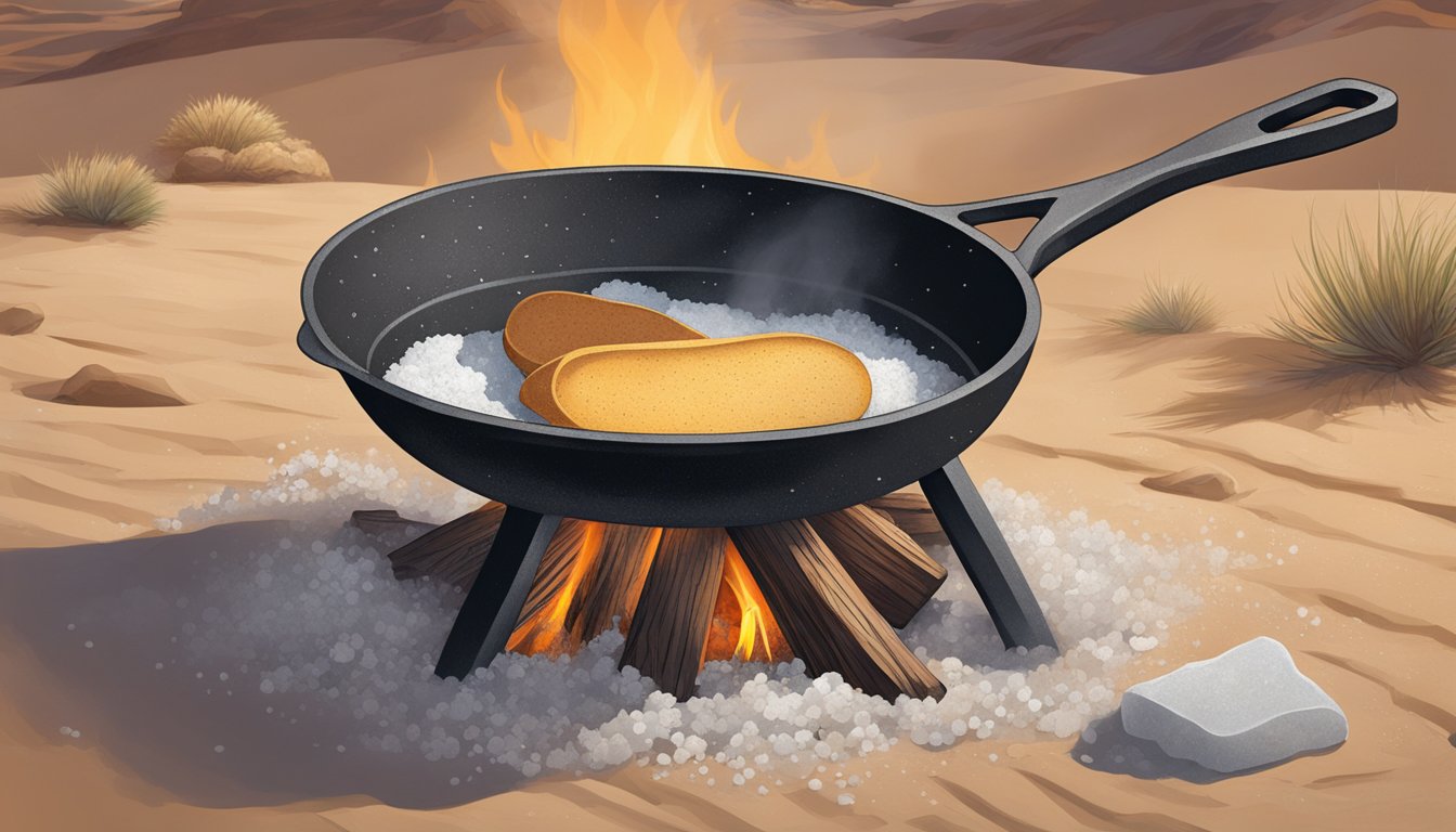 A cast iron skillet sits on a campfire in a Texas desert, surrounded by a scattering of salt and pepper