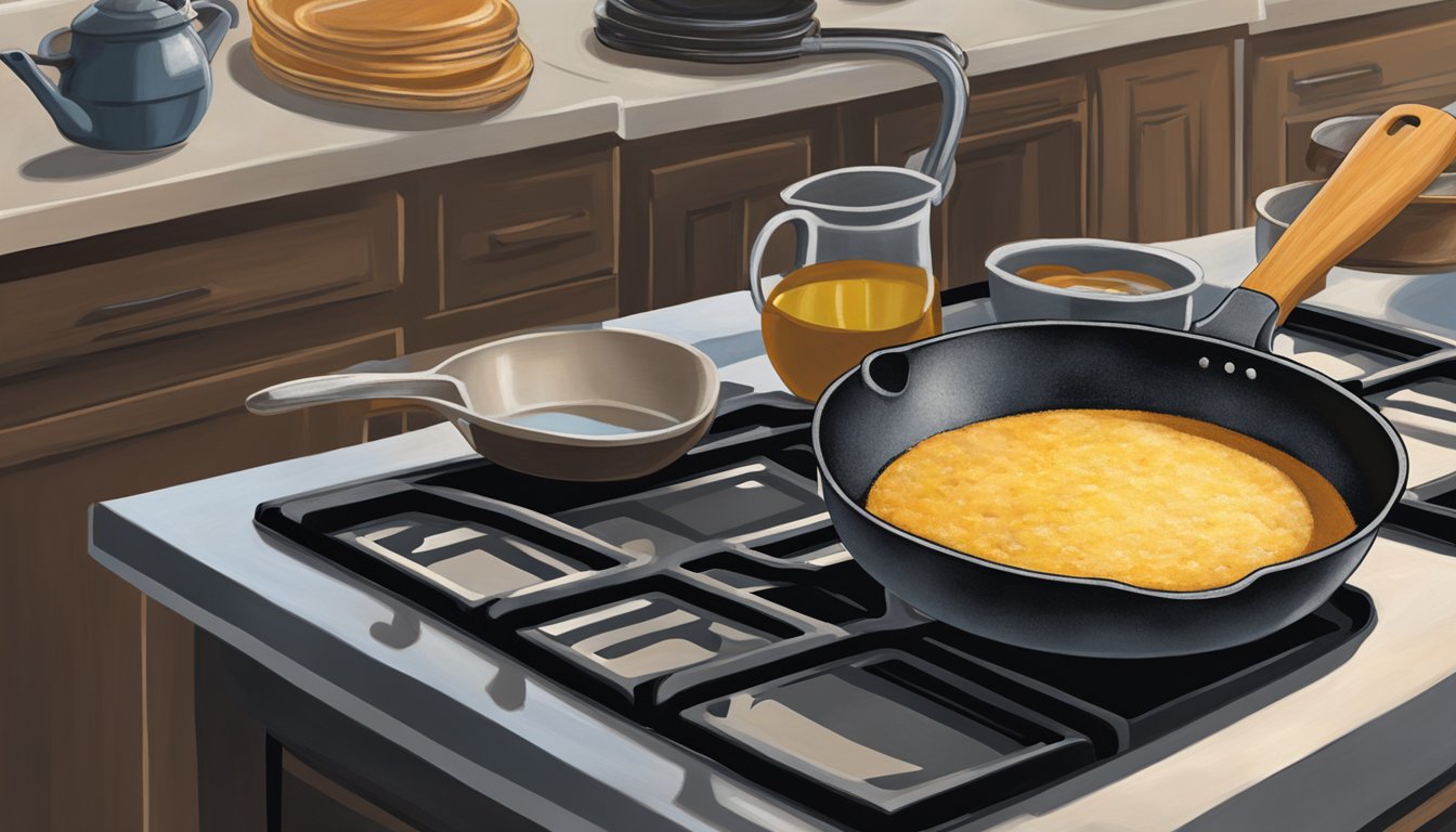 A cast iron skillet sits on a stovetop in a Texas kitchen, as oil is being applied to season it