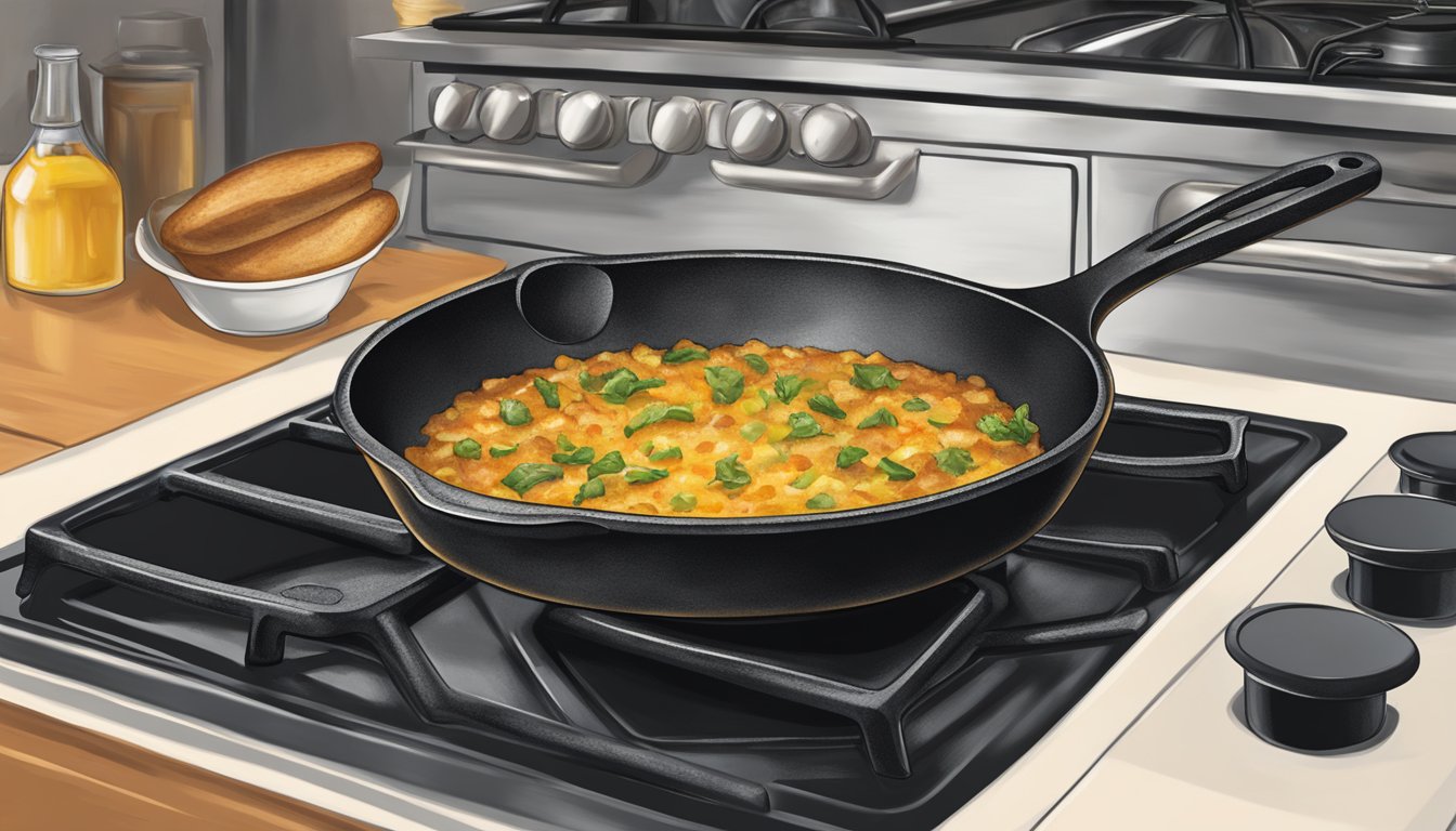 A cast iron skillet sits on a stovetop, sizzling as it is seasoned with oil in a Texas kitchen