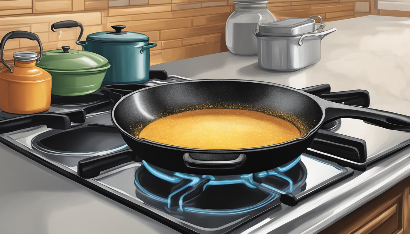 A cast iron skillet sits on a stovetop in a Texas kitchen, being seasoned with oil and heated to create a glossy, protective coating