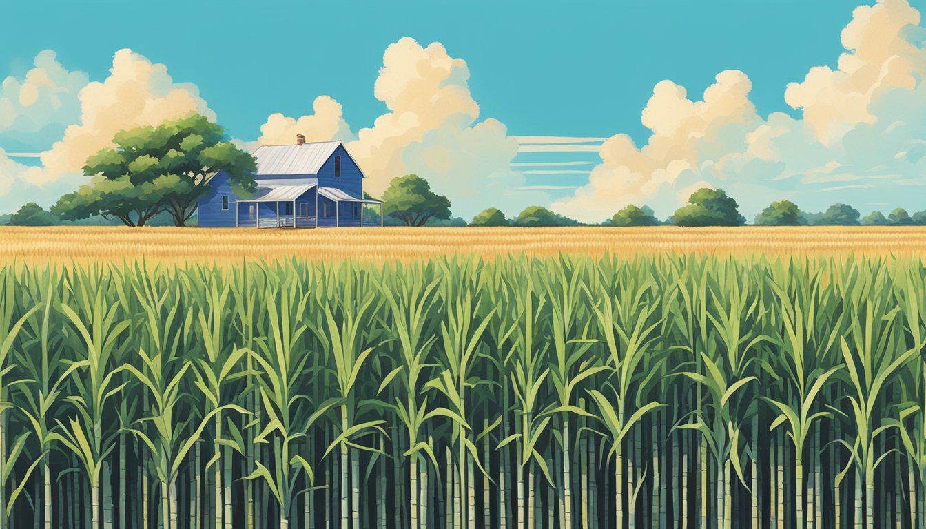 A field of tall sugarcane plants swaying in the Texas breeze, with a bright blue sky and a lone farmhouse in the background